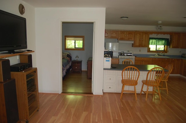803 Main Rd, Burlington, ME 04417 - kitchen featuring white appliances, light wood-type flooring, brown cabinets, and under cabinet range hood