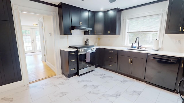 295 French St, Bangor, ME 04401 - kitchen with dishwasher, stainless steel electric range oven, under cabinet range hood, light marble finish floors, and light countertops