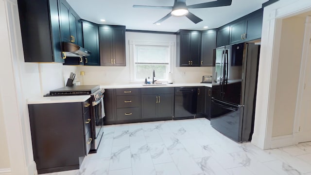 295 French St, Bangor, ME 04401 - kitchen featuring black appliances, under cabinet range hood, light marble finish floors, ceiling fan, and light countertops