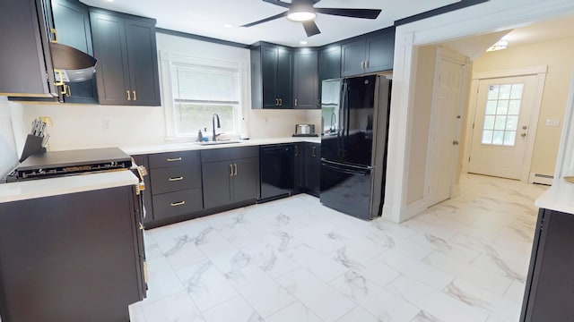 295 French St, Bangor, ME 04401 - kitchen with black appliances, light marble finish flooring, ceiling fan, light countertops, and range hood