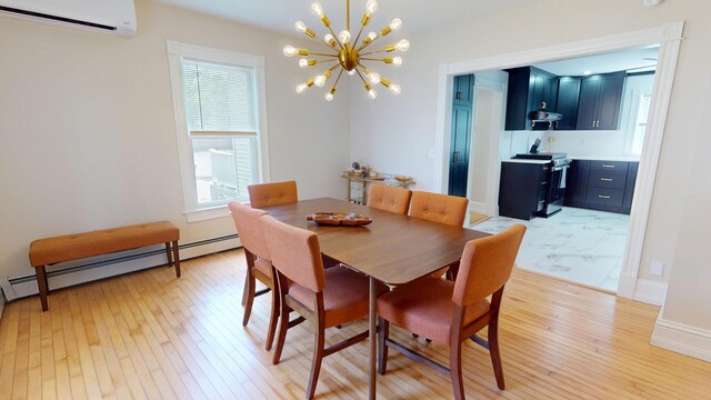 295 French St, Bangor, ME 04401 - dining space featuring a wall mounted AC, a chandelier, light wood-type flooring, and a baseboard heating unit