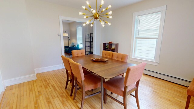 295 French St, Bangor, ME 04401 - dining area with a baseboard heating unit, a chandelier, light wood-type flooring, and healthy amount of natural light