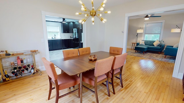 295 French St, Bangor, ME 04401 - dining area featuring light wood-type flooring, a ceiling fan, and a chandelier
