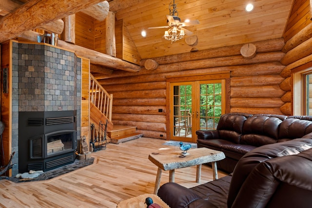 320 Commons Dr, Bridgton, ME 04009 - living room featuring wooden ceiling, wood finished floors, stairs, high vaulted ceiling, and recessed lighting