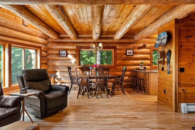 320 Commons Dr, Bridgton, ME 04009 - dining area with a wooden ceiling with exposed beams, a baseboard radiator, light wood-type flooring, a chandelier, and log walls