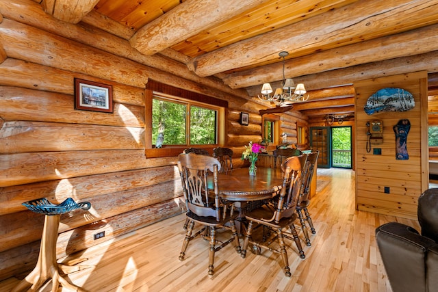 320 Commons Dr, Bridgton, ME 04009 - dining area featuring light wood-style floors, a chandelier, plenty of natural light, rustic walls, and a wooden ceiling with exposed beams