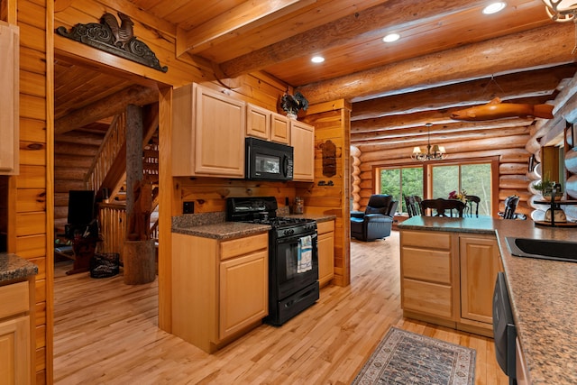 320 Commons Dr, Bridgton, ME 04009 - kitchen featuring black appliances, light wood finished floors, log walls, recessed lighting, and a chandelier