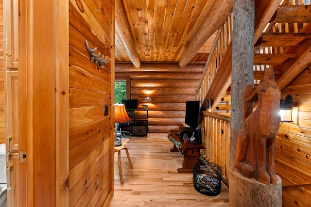 320 Commons Dr, Bridgton, ME 04009 - hallway with log walls, a wooden ceiling with exposed beams, and hardwood / wood-style flooring