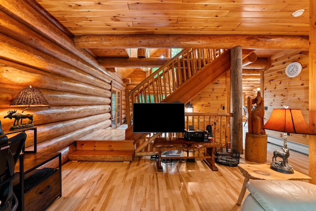 320 Commons Dr, Bridgton, ME 04009 - living area featuring hardwood / wood-style floors, a baseboard radiator, a wooden ceiling with exposed beams, stairs, and rustic walls