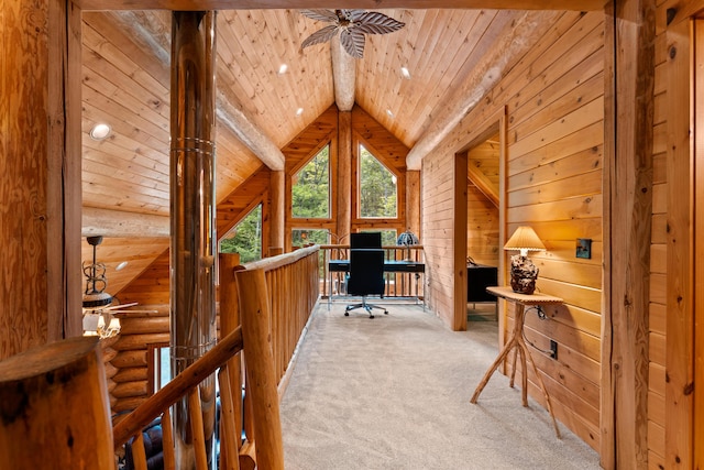 320 Commons Dr, Bridgton, ME 04009 - office with wood ceiling, carpet floors, a ceiling fan, recessed lighting, and rustic walls