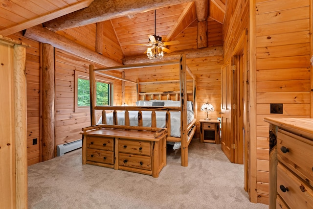 320 Commons Dr, Bridgton, ME 04009 - unfurnished bedroom featuring baseboard heating, light carpet, wooden walls, and wooden ceiling