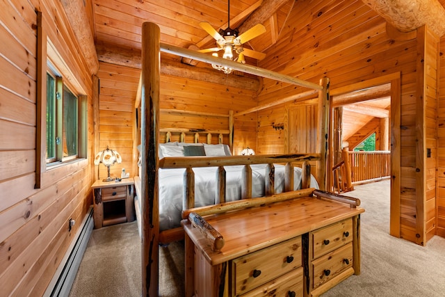 320 Commons Dr, Bridgton, ME 04009 - carpeted bedroom featuring wooden walls, baseboard heating, and wood ceiling