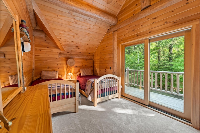 320 Commons Dr, Bridgton, ME 04009 - carpeted bedroom featuring access to outside, wooden ceiling, and wooden walls