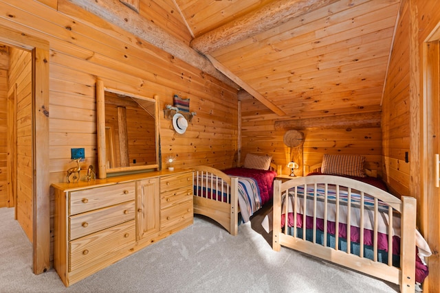 320 Commons Dr, Bridgton, ME 04009 - bedroom featuring carpet floors, wooden ceiling, and wood walls