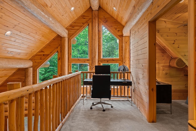 320 Commons Dr, Bridgton, ME 04009 - carpeted home office featuring healthy amount of natural light, wooden ceiling, wooden walls, and recessed lighting
