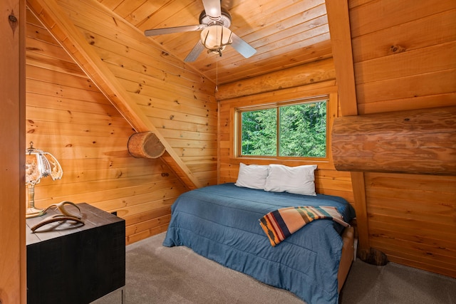 320 Commons Dr, Bridgton, ME 04009 - bedroom featuring carpet flooring, wooden ceiling, wooden walls, and ceiling fan