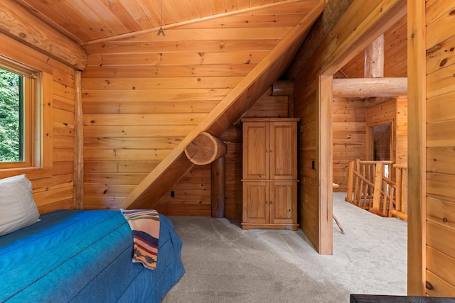 320 Commons Dr, Bridgton, ME 04009 - unfurnished bedroom with light colored carpet, wooden walls, wooden ceiling, and vaulted ceiling