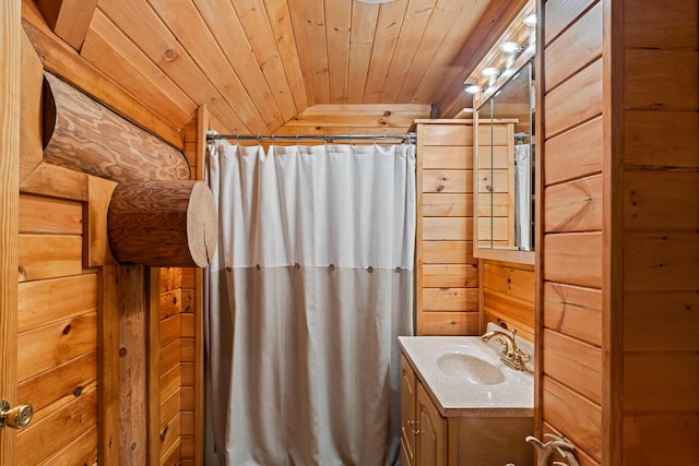 320 Commons Dr, Bridgton, ME 04009 - full bathroom featuring vanity, a shower with curtain, wood walls, and wood ceiling
