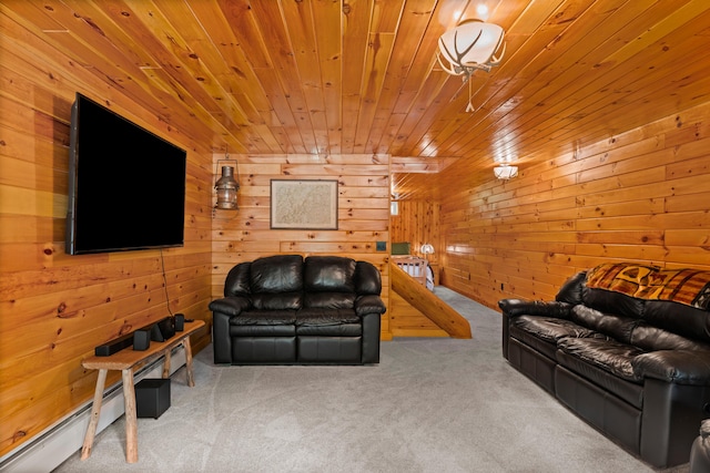 320 Commons Dr, Bridgton, ME 04009 - carpeted living room with wood ceiling, wooden walls, and baseboard heating
