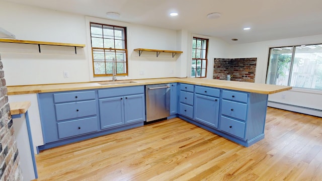 14 Pond St, Orono, ME 04473 - kitchen featuring dishwasher, open shelves, blue cabinets, a peninsula, and butcher block counters