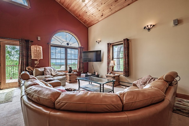 309A Cushman Rd, Woodstock, ME 04219 - living area featuring high vaulted ceiling, a baseboard radiator, carpet floors, and wooden ceiling