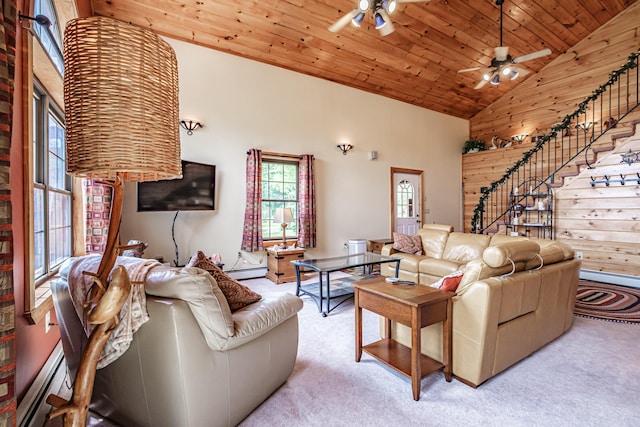 309A Cushman Rd, Woodstock, ME 04219 - living area featuring a ceiling fan, high vaulted ceiling, carpet floors, stairway, and wood ceiling