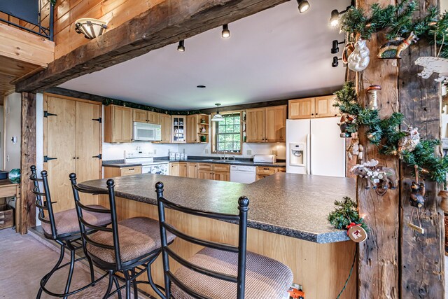 309A Cushman Rd, Woodstock, ME 04219 - kitchen with white appliances, dark countertops, light brown cabinetry, and glass insert cabinets