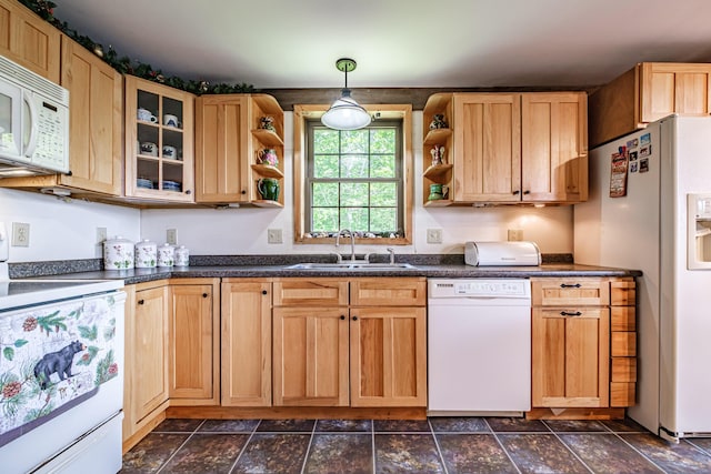 309A Cushman Rd, Woodstock, ME 04219 - kitchen with white appliances, open shelves, dark countertops, glass insert cabinets, and dark stone finish flooring