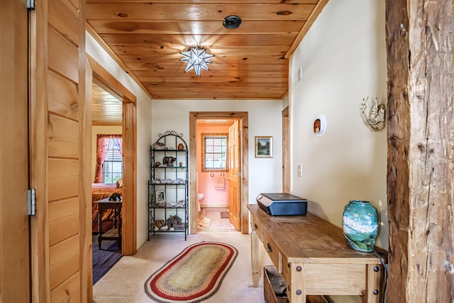 309A Cushman Rd, Woodstock, ME 04219 - doorway to outside with wood ceiling and light carpet
