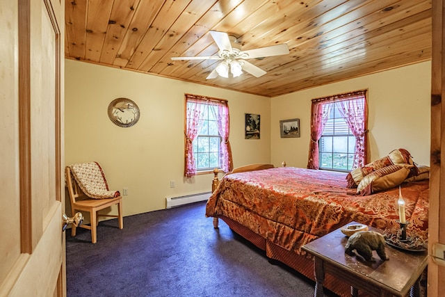 309A Cushman Rd, Woodstock, ME 04219 - bedroom with a baseboard heating unit, wooden ceiling, multiple windows, dark carpet, and a ceiling fan