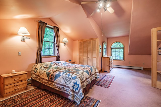 309A Cushman Rd, Woodstock, ME 04219 - bedroom featuring baseboard heating, carpet floors, vaulted ceiling, and ceiling fan