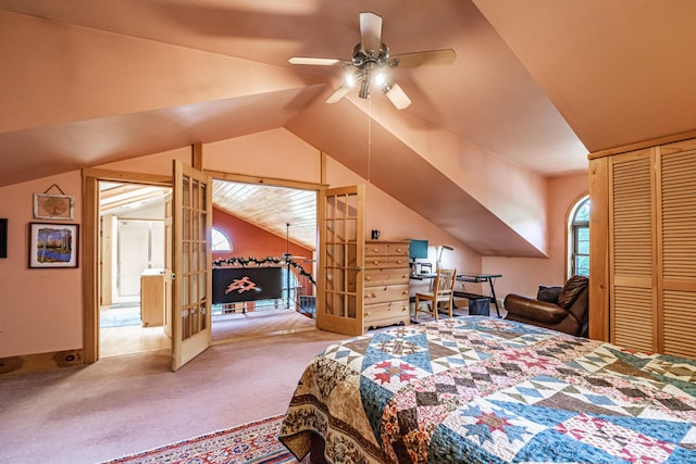 309A Cushman Rd, Woodstock, ME 04219 - carpeted bedroom featuring vaulted ceiling, a closet, and a ceiling fan