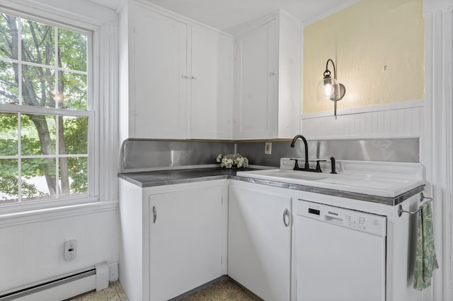 12 Robinson St, Gardiner, ME 04345 - kitchen featuring dishwasher, a baseboard heating unit, plenty of natural light, and white cabinetry