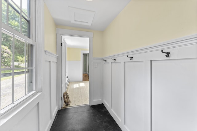 12 Robinson St, Gardiner, ME 04345 - mudroom with a decorative wall, attic access, and wainscoting