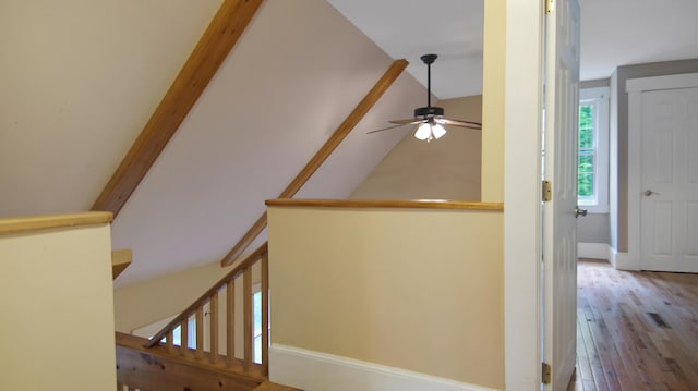 326 Meetinghouse Rd, Wells, ME 04090 - staircase featuring ceiling fan, wood finished floors, and lofted ceiling