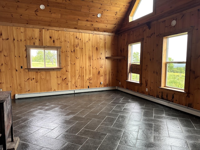 754 US Route 1, Weston, ME 04424 - unfurnished room with lofted ceiling, wood walls, and baseboard heating