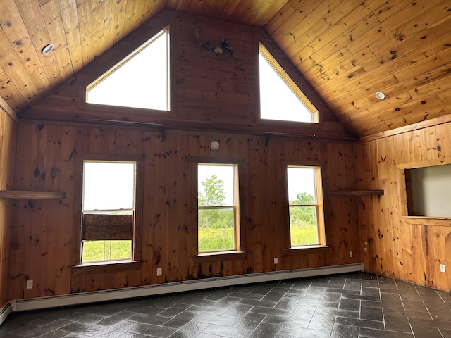 754 US Route 1, Weston, ME 04424 - unfurnished room with a baseboard heating unit, high vaulted ceiling, and wood walls
