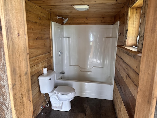 754 US Route 1, Weston, ME 04424 - bathroom featuring washtub / shower combination, tile patterned floors, wooden walls, and wooden ceiling