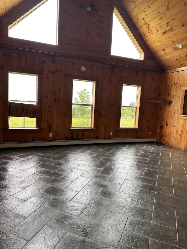 754 US Route 1, Weston, ME 04424 - spare room with plenty of natural light, high vaulted ceiling, wooden walls, wooden ceiling, and stone tile flooring
