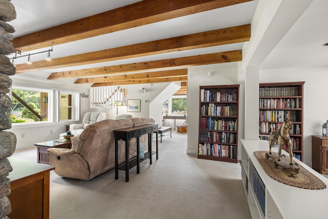 11 Everett Dow Dr, Woolwich, ME 04579 - living area featuring healthy amount of natural light, beamed ceiling, and light carpet