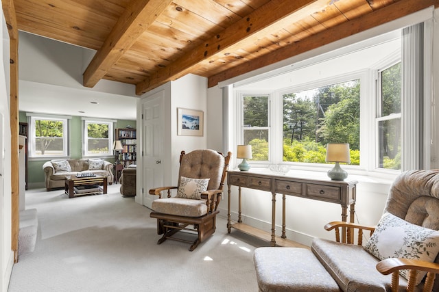 11 Everett Dow Dr, Woolwich, ME 04579 - sitting room with plenty of natural light, carpet flooring, and a wood ceiling with exposed beams