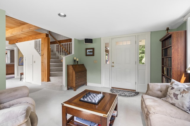 11 Everett Dow Dr, Woolwich, ME 04579 - carpeted living room featuring stairs and recessed lighting