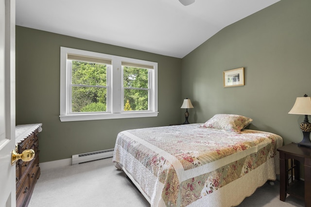 11 Everett Dow Dr, Woolwich, ME 04579 - bedroom with baseboard heating, carpet, and lofted ceiling