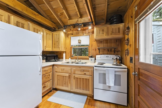 8 N Lakeview Dr, Litchfield, ME 04350 - kitchen with white appliances, wood ceiling, light brown cabinetry, light countertops, and light wood-style flooring