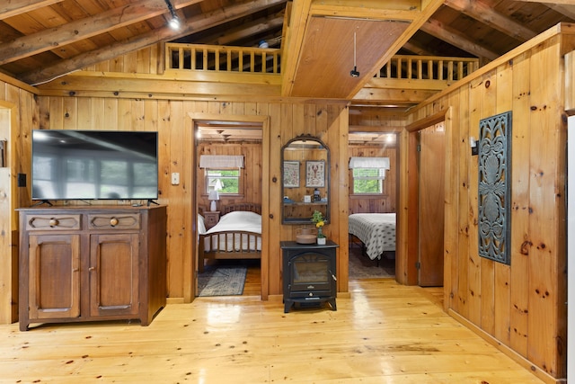 8 N Lakeview Dr, Litchfield, ME 04350 - entrance foyer with wood walls, light wood-type flooring, and wood ceiling
