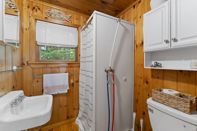 8 N Lakeview Dr, Litchfield, ME 04350 - bathroom featuring wood walls and a shower with shower curtain