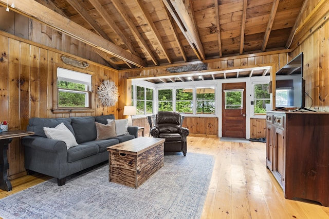8 N Lakeview Dr, Litchfield, ME 04350 - living area featuring wood ceiling, light wood finished floors, and wood walls