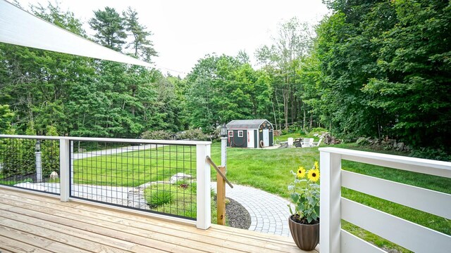 1 Daniels Way, Falmouth, ME 04105 - wooden terrace with a storage shed and a yard