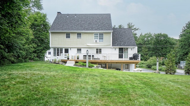 1 Daniels Way, Falmouth, ME 04105 - rear view of property featuring a chimney, a deck, a lawn, and a shingled roof