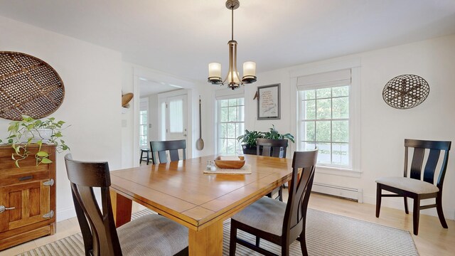 1 Daniels Way, Falmouth, ME 04105 - dining space featuring baseboard heating, a chandelier, and light wood finished floors